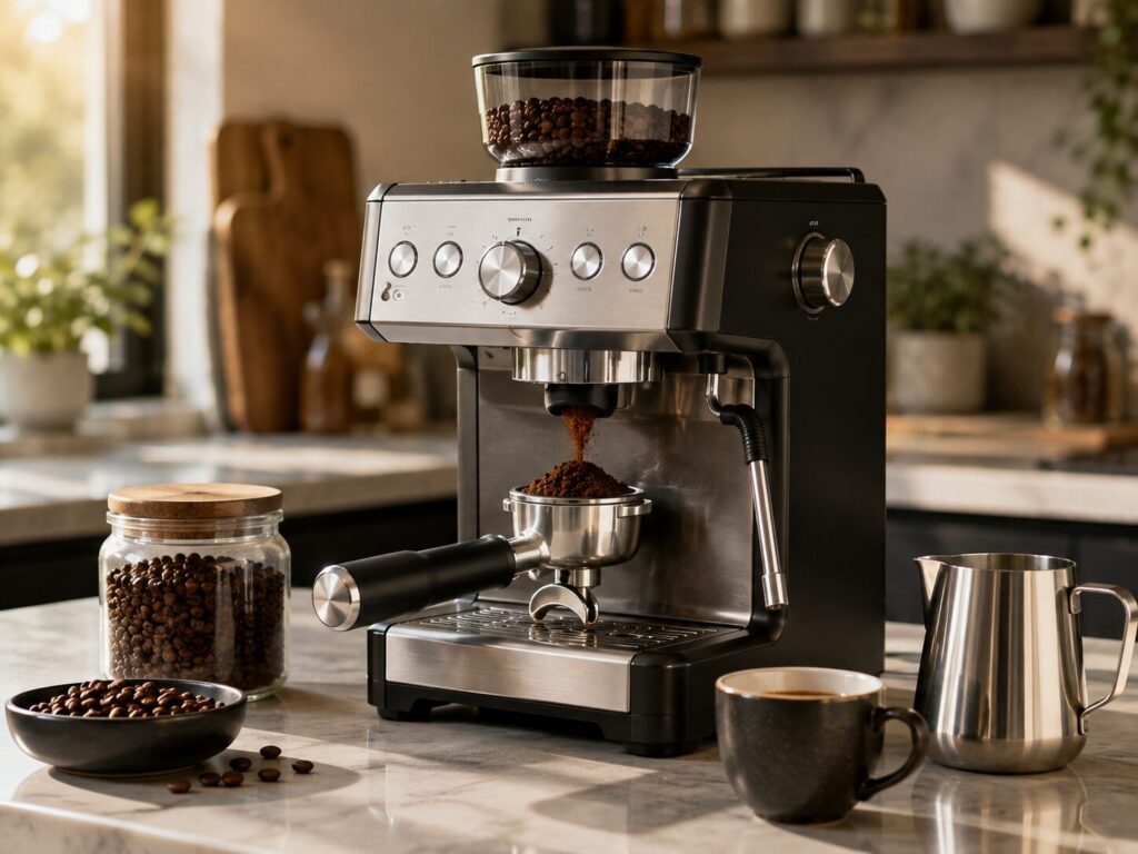 All-in-one home espresso machine with a built-in grinder and fresh coffee beans.