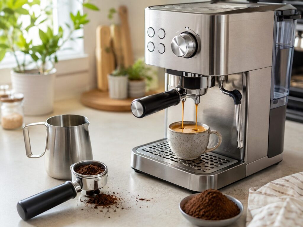 Beginner-friendly compact espresso machine making fresh espresso at home.
