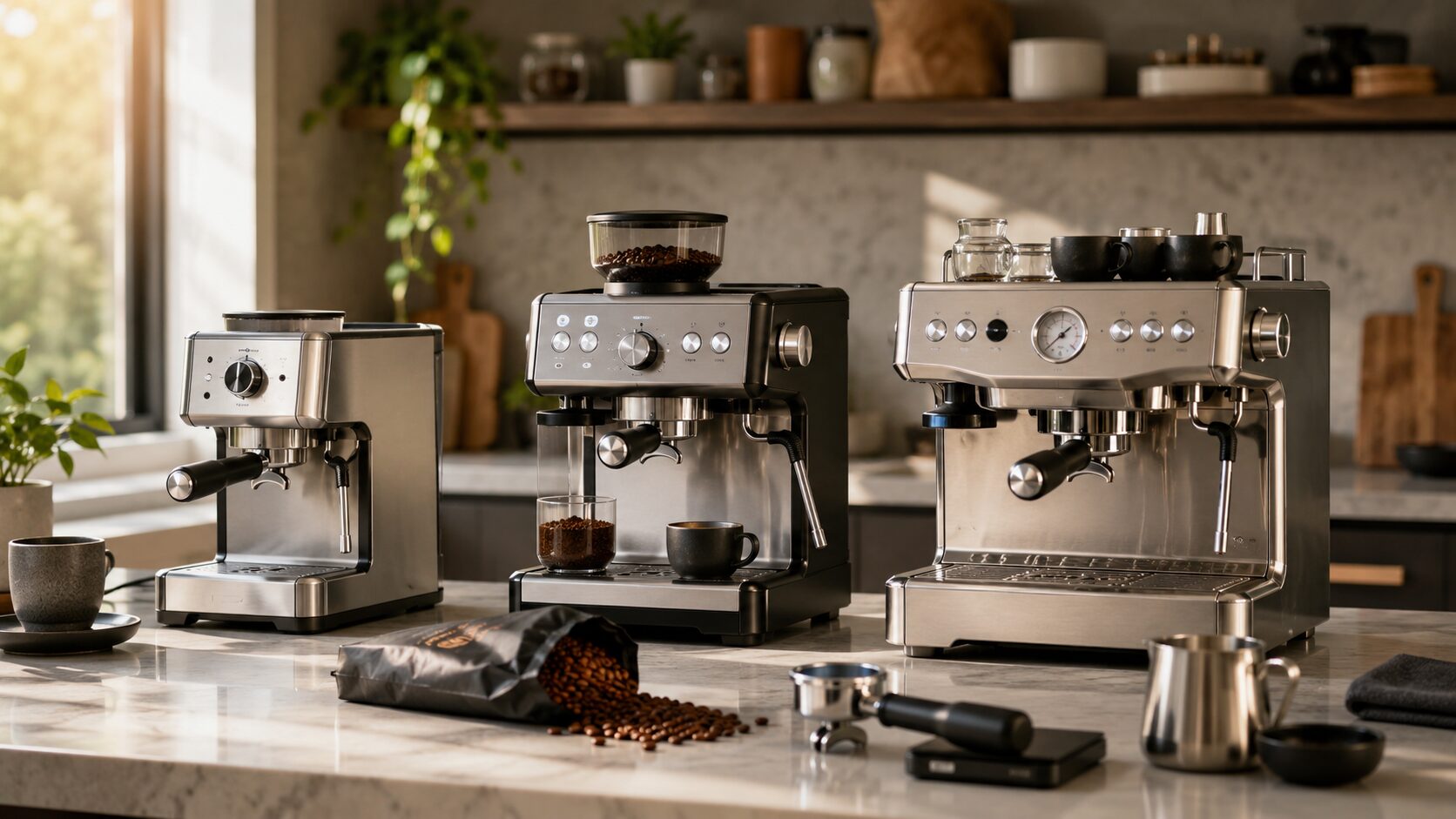 Best espresso machines for home baristas displayed in a modern home coffee station.