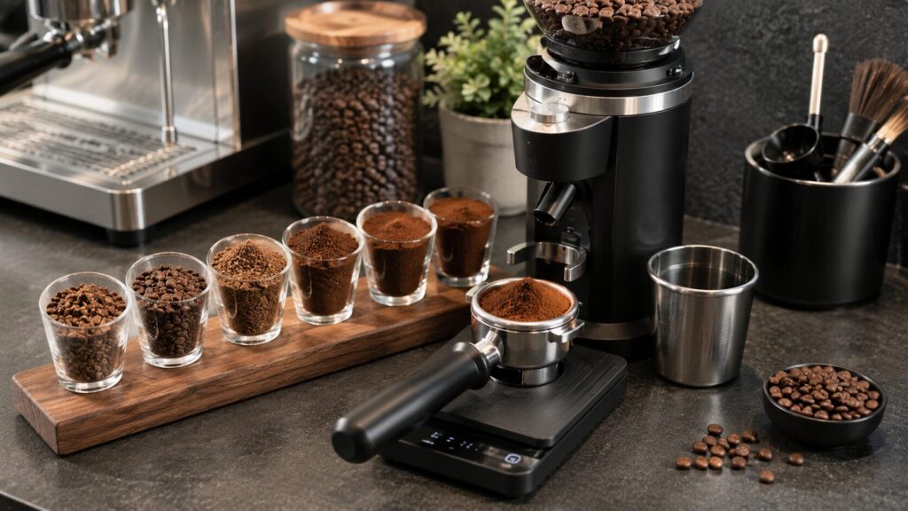 Espresso grinder with different coffee grind sizes for dialing in home espresso.