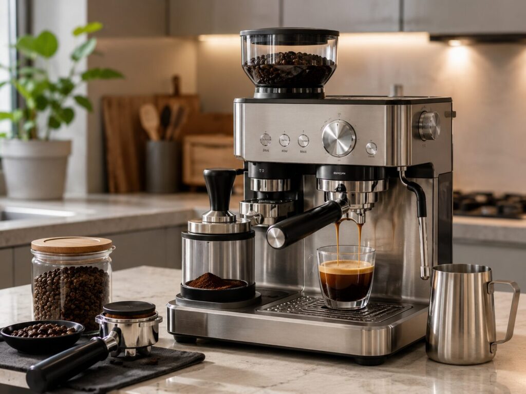 Home espresso machine with integrated grinder and assisted coffee preparation setup