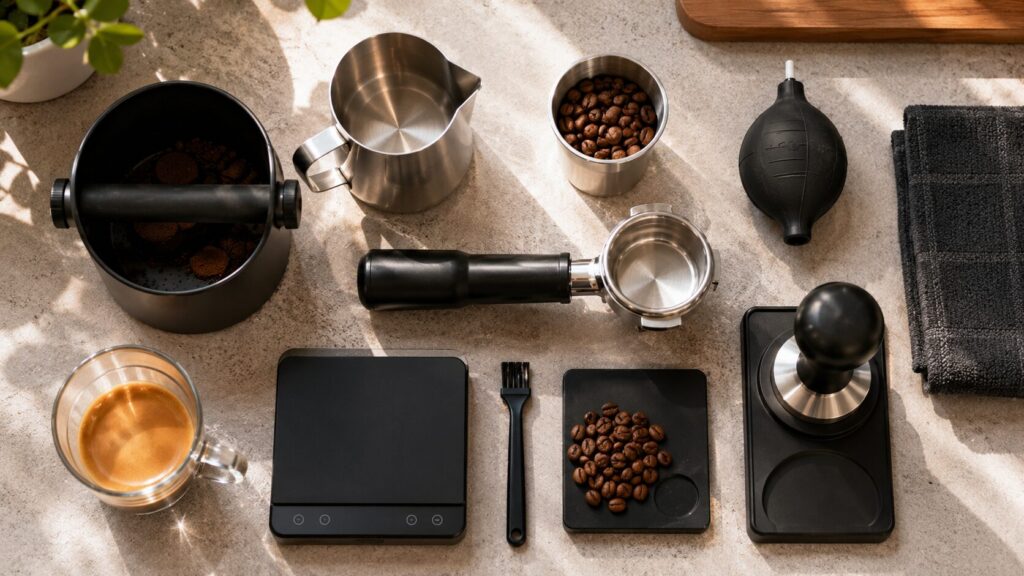 Essential home barista accessories including tamper, scale, milk pitcher and portafilter.