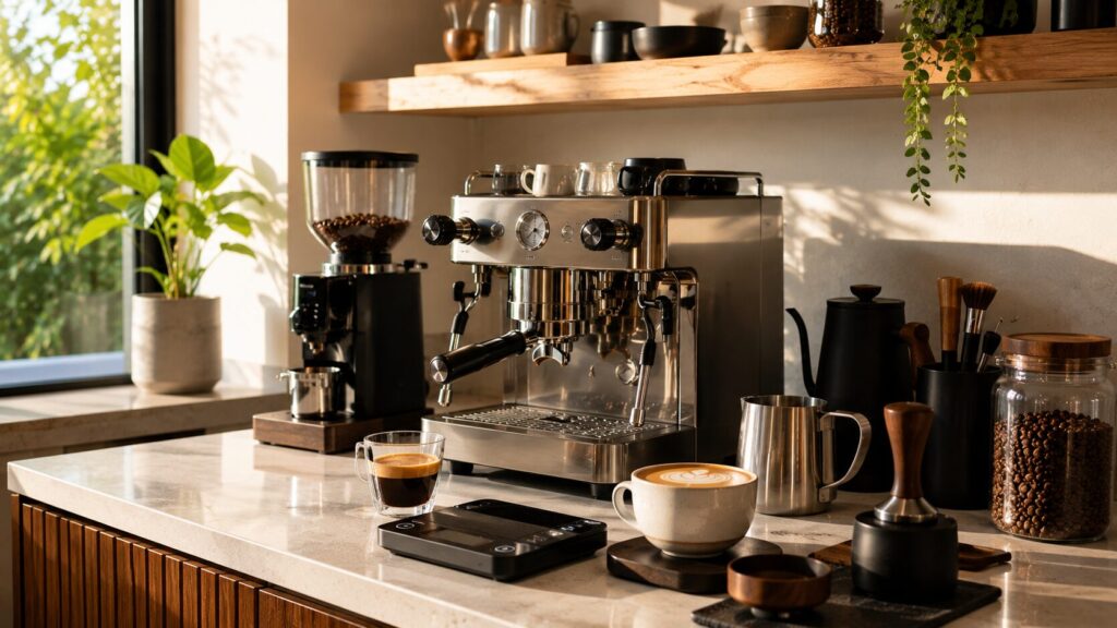 Complete home espresso bar with espresso machine, grinder and barista accessories.