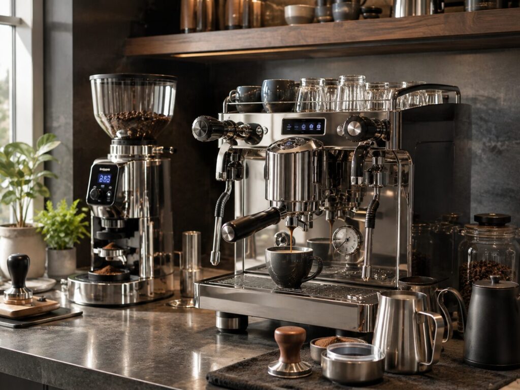 Premium dual-boiler style espresso machine in an advanced home barista setup.