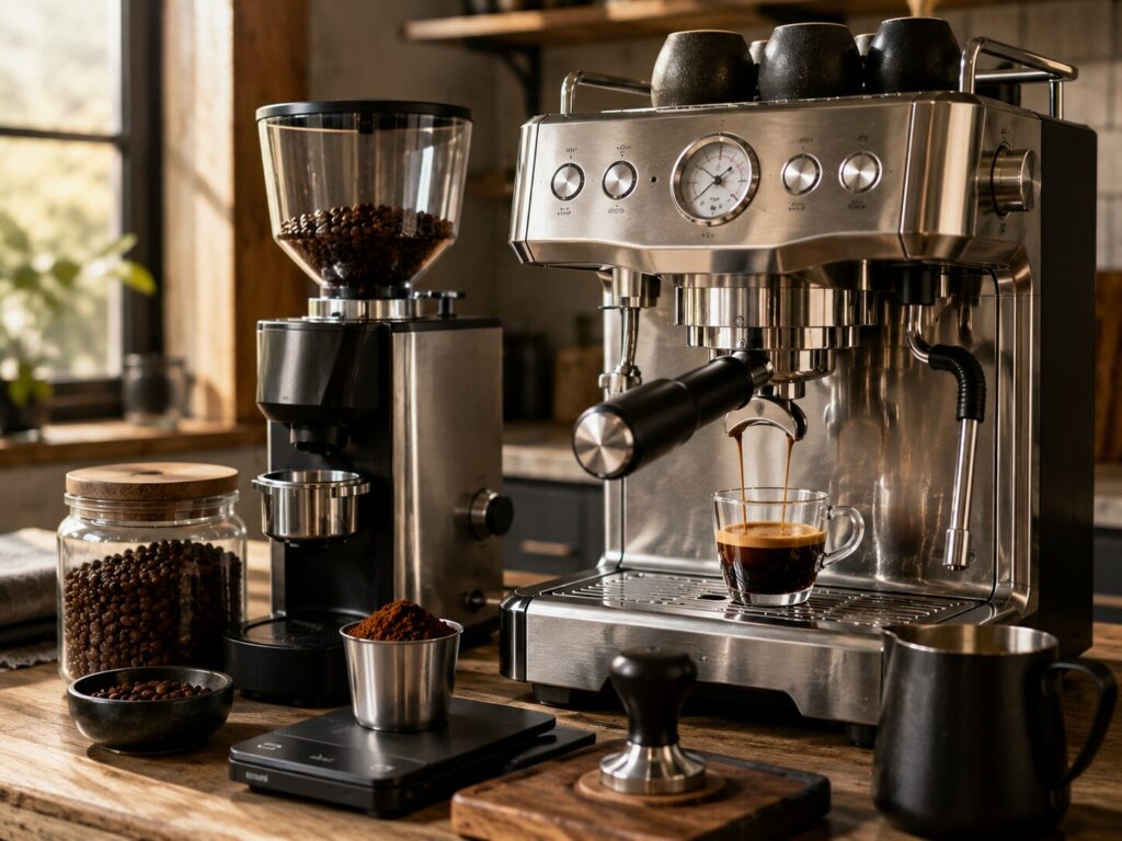 Traditional semi-automatic espresso machine and grinder setup for a home barista.