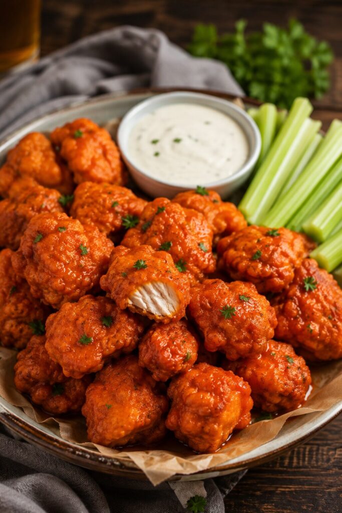 Buffalo chicken bites made in an air fryer with dipping sauce