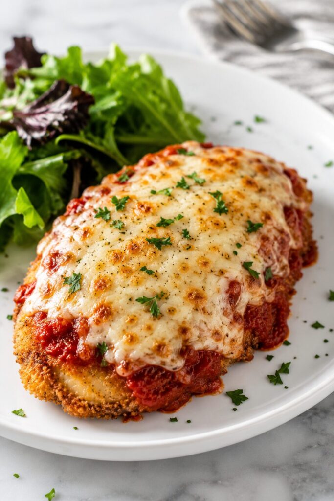 Air fryer chicken parmesan topped with melted cheese