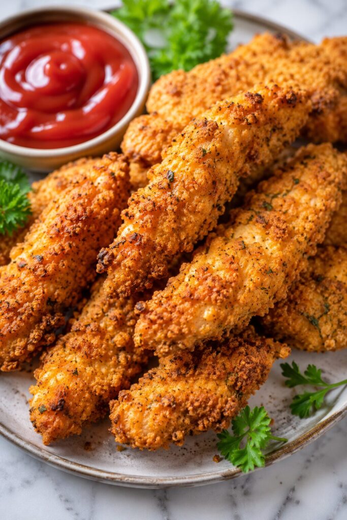 Crunchy air fryer chicken tenders served with ketchup