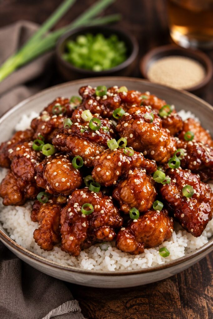 Air fryer General Tso's chicken served with rice