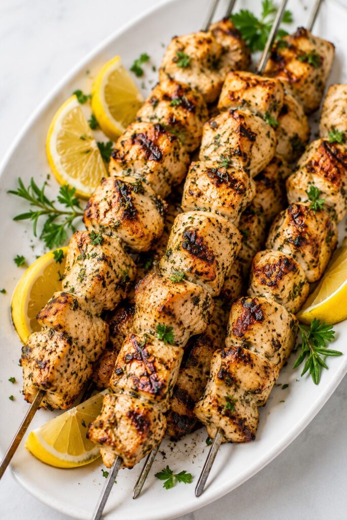 Lemon herb chicken skewers cooked in an air fryer