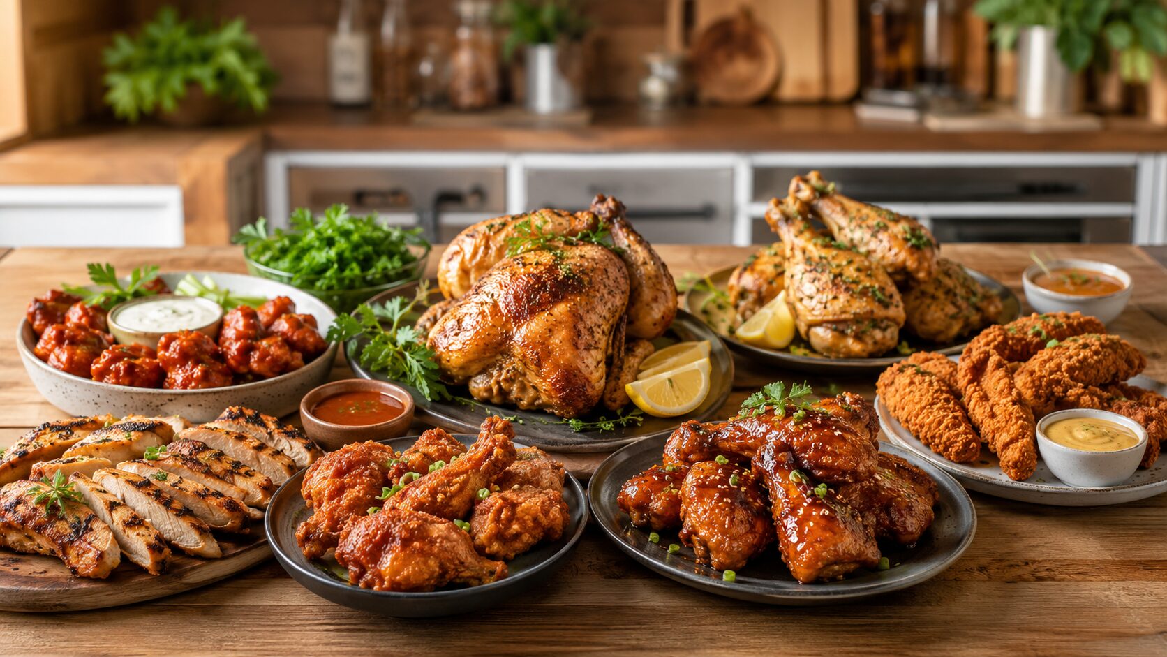 Best air fryer chicken recipes including crispy wings, juicy chicken breast, thighs and drumsticks served on a wooden table