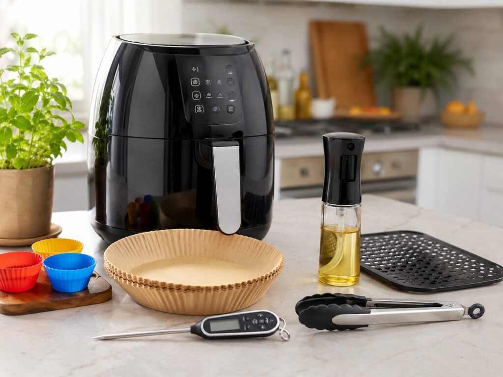 Essential air fryer accessories including thermometer, silicone tongs, parchment liners and oil sprayer