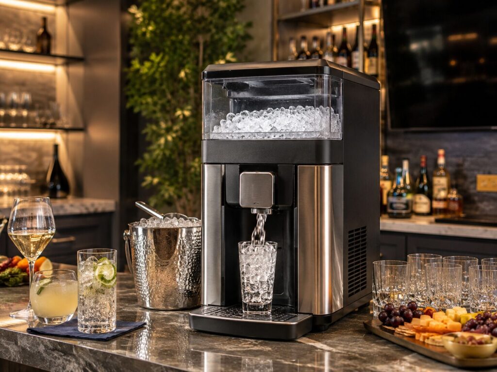 Self-dispensing countertop ice and water maker for large home parties