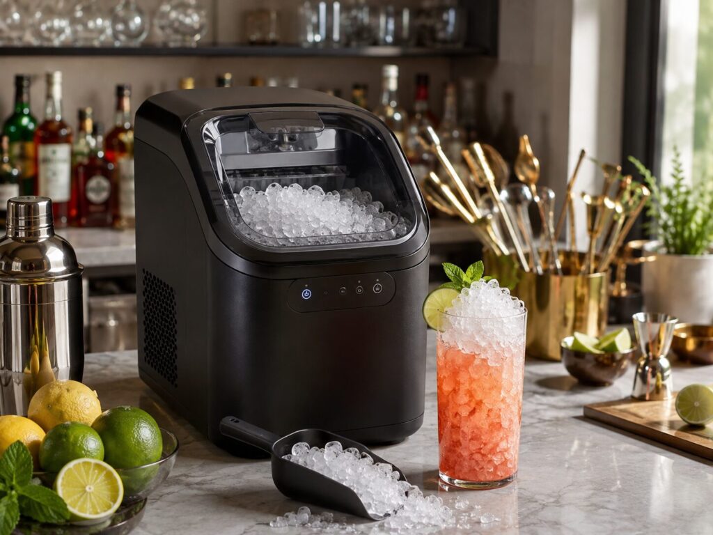 Nugget ice maker with chewable ice for cocktails and mixed drinks