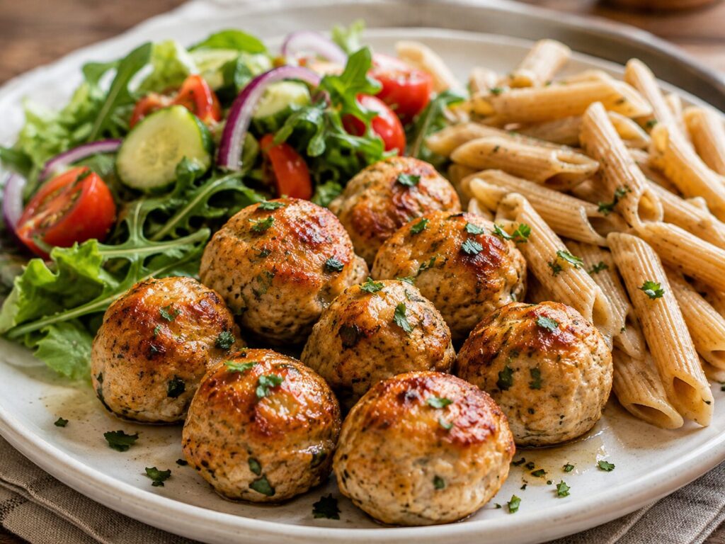 Baked chicken meatballs with salad high protein lunch