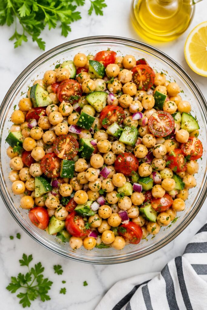 Chickpea and vegetable salad vegetarian high protein lunch