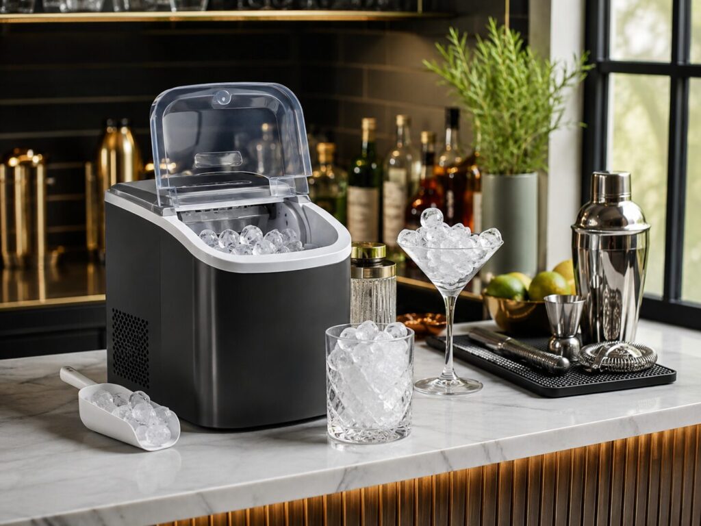 Countertop ice maker producing fresh ice for drinks in a modern home bar