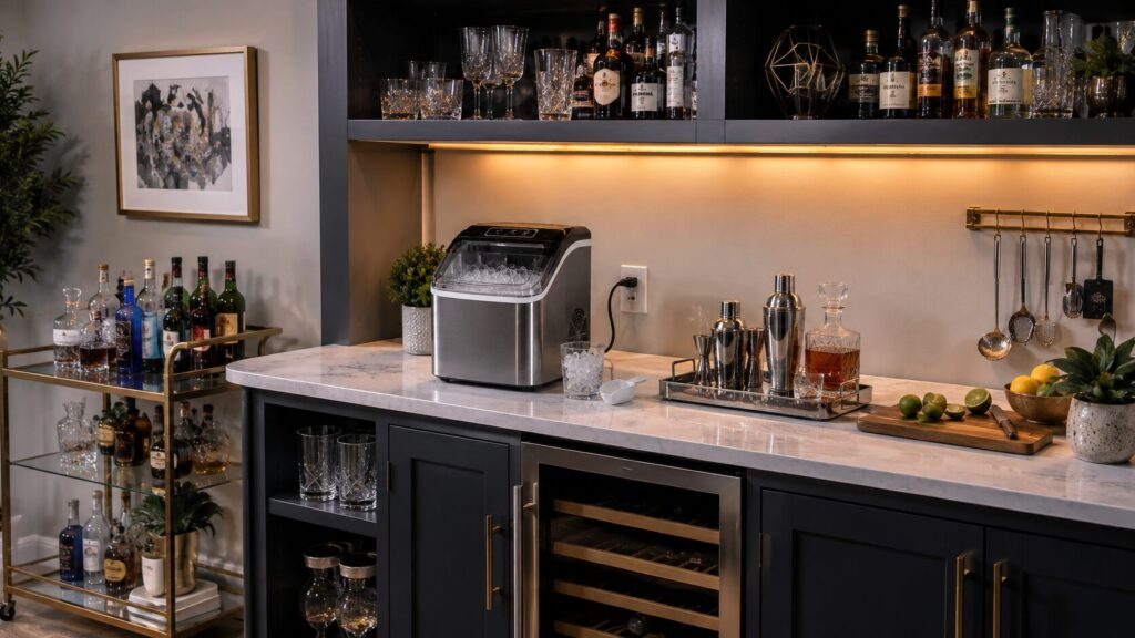 Countertop ice maker placement in a modern home bar setup