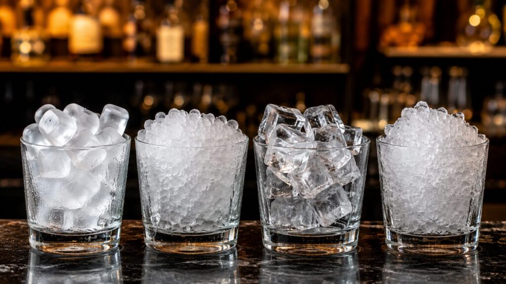 Bullet ice, nugget ice, clear ice cubes and crushed ice comparison
