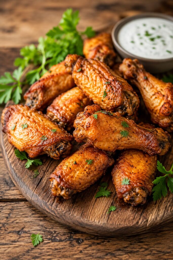 Crispy golden air fryer chicken wings served with dipping sauce