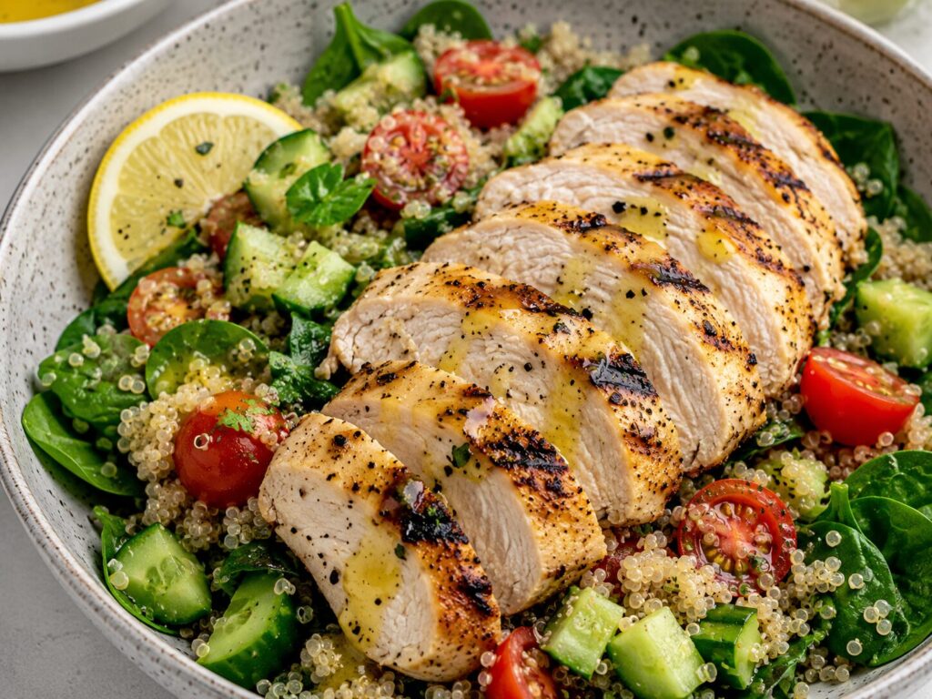 Grilled chicken and quinoa bowl high protein lunch