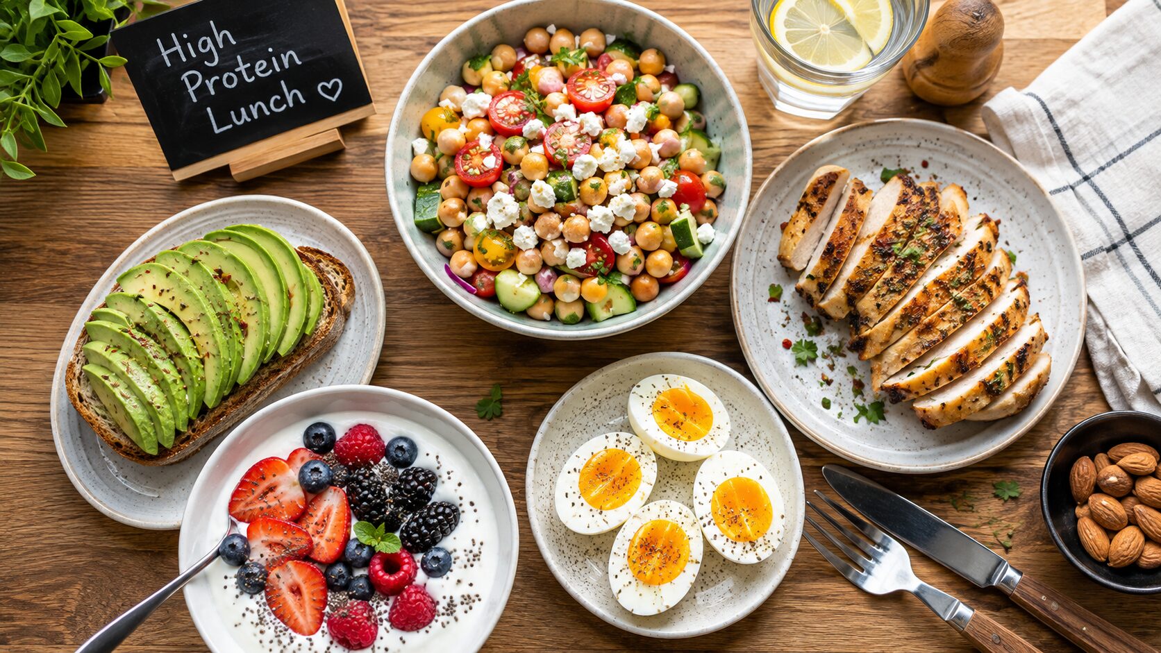 High protein lunch ideas spread with chicken, eggs, salad and yogurt