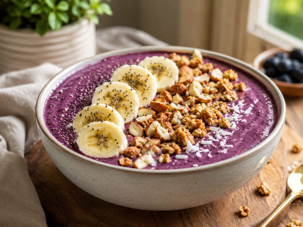 Protein smoothie bowl topped with fruits and nuts