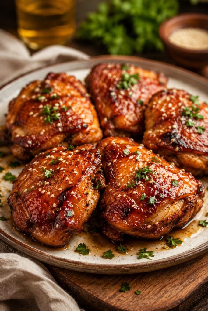 Honey garlic air fryer chicken thighs glazed with sauce