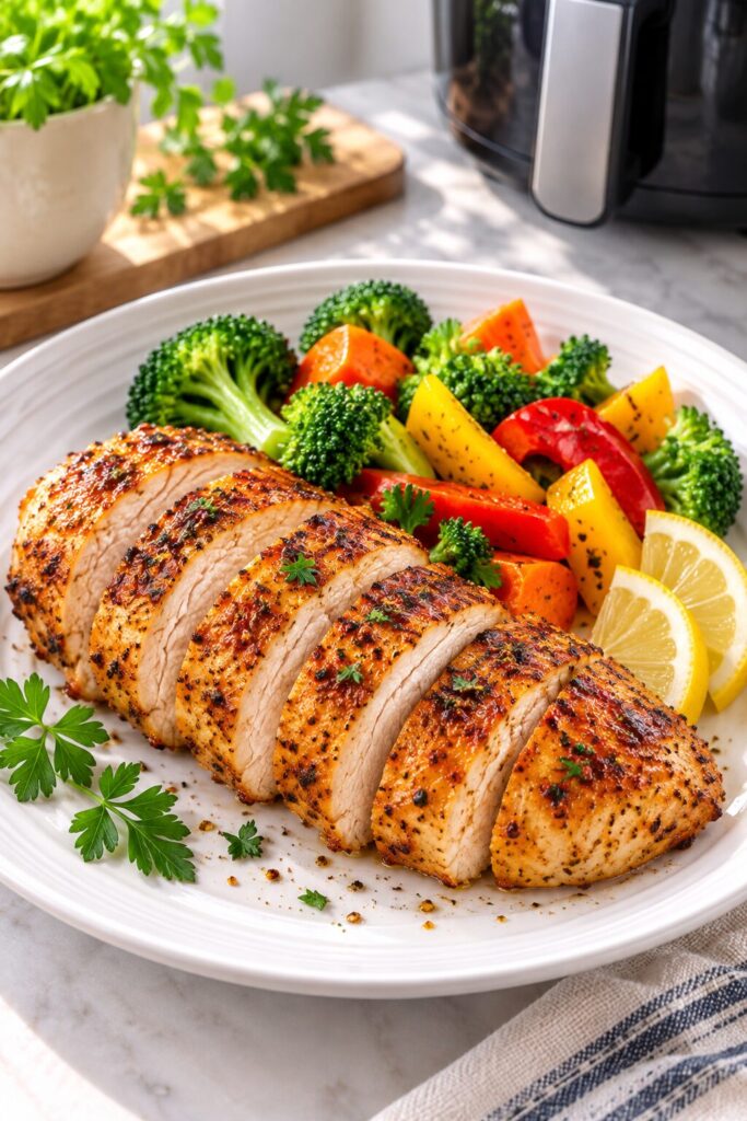 Juicy sliced air fryer chicken breast with herbs