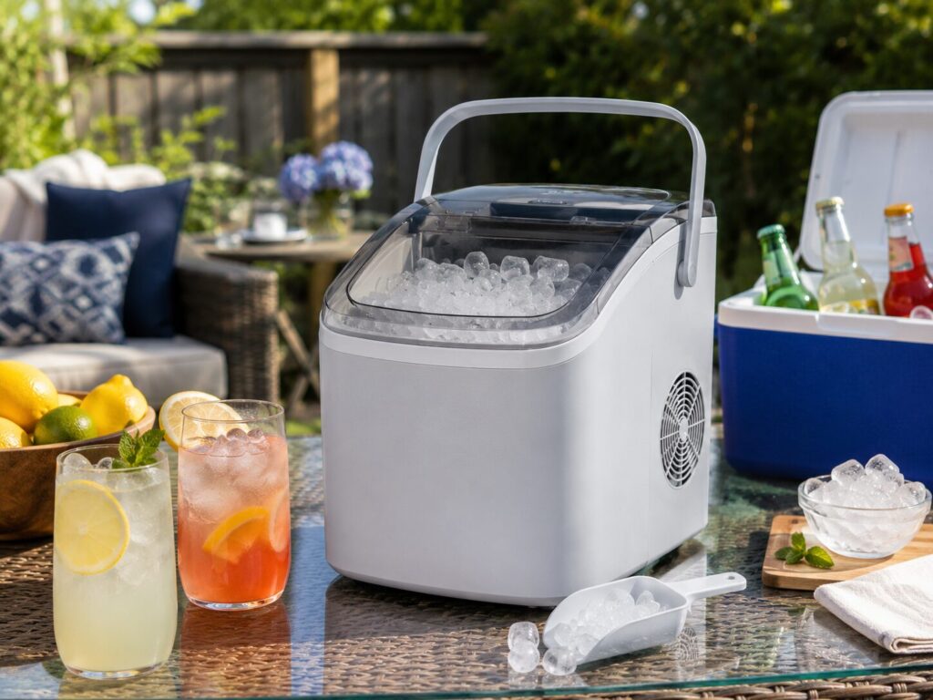Portable countertop ice maker for patios RVs and outdoor entertaining