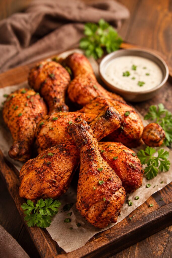 Spicy air fryer chicken drumsticks with herbs