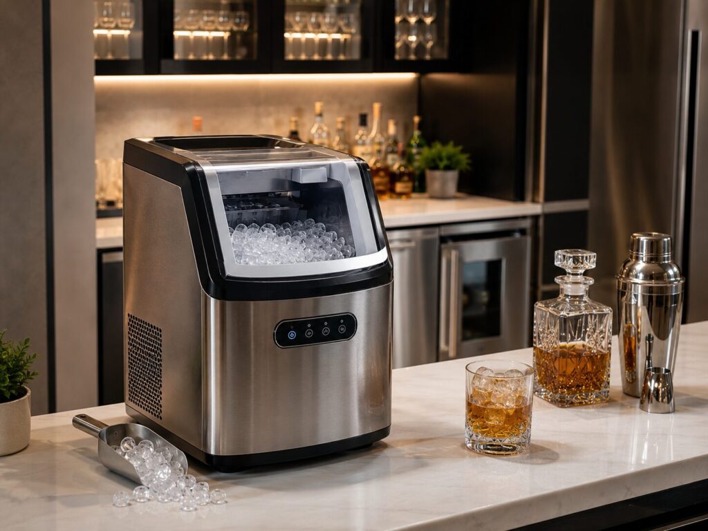 Stainless steel countertop ice maker in a modern home bar