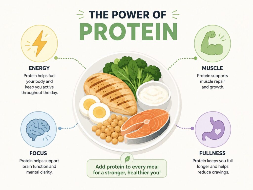 Infographic showing benefits of eating protein at lunch